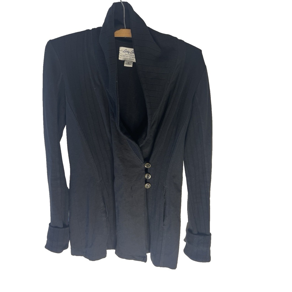 Vtg Y2K Lucky Lotus S Black Fitted Cardigan Sweater Tailored‎ Clean Girl Preppy
